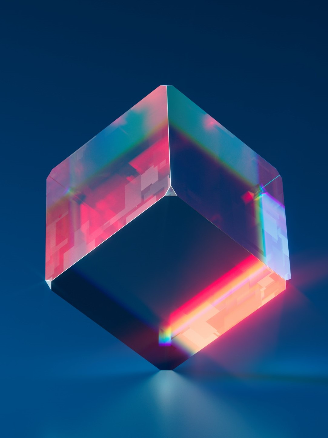 Abstract prismatic cube reflecting light — representing technical precision
